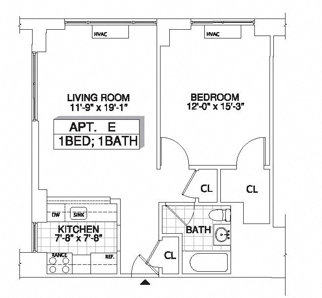 Floor plan for 1 bed, 1 bath, 783 sqft